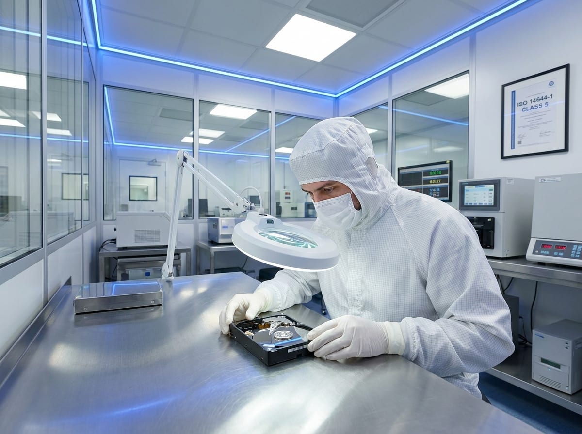 Data recovery engineer working in a cleanroom